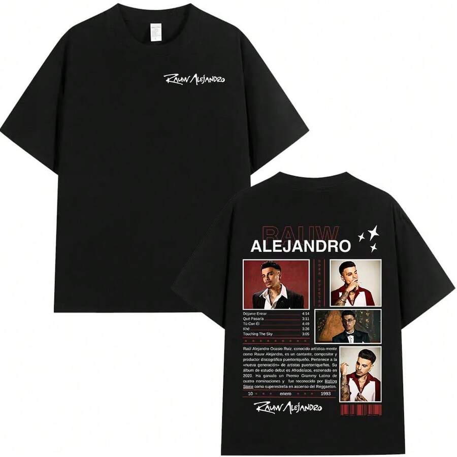 Rauw Alejandro T-Shirt mit Cartoon-Muster, Kawaii, Kurzarm, Herren- und Damenbekleidung, 100% Baumwolle, lässiges Oversized T-Shirt mit Rundhalsausschnitt - 7T-Q09184-Schwarz - Übersicht 1