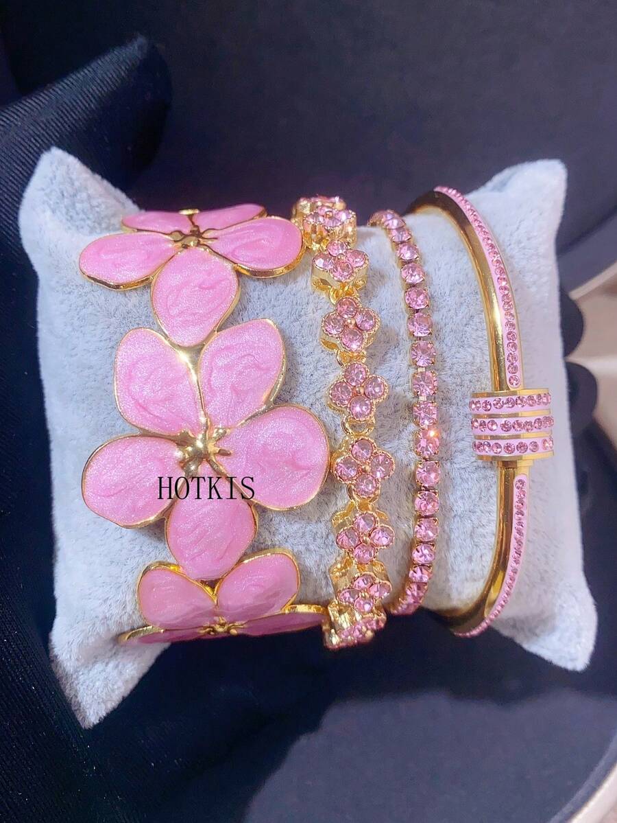 4pcs/1pc Women's Pink Enamel Flower & Clover Bracelet Set, Luxury Gold Tone Stackable Bracelets, Rhinestone Bohemian Style Jewelry Gift