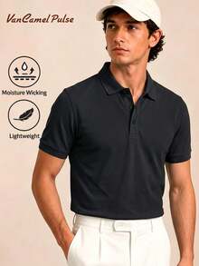 Vancamel Pulse Men's POLO Shirt, Fashionable Loose Breathable Solid Color Sports Short Sleeve, Simple Versatile Casual Style T-Shirt, Outdoor Commuting Light Business Short Sleeve - Black - View 1