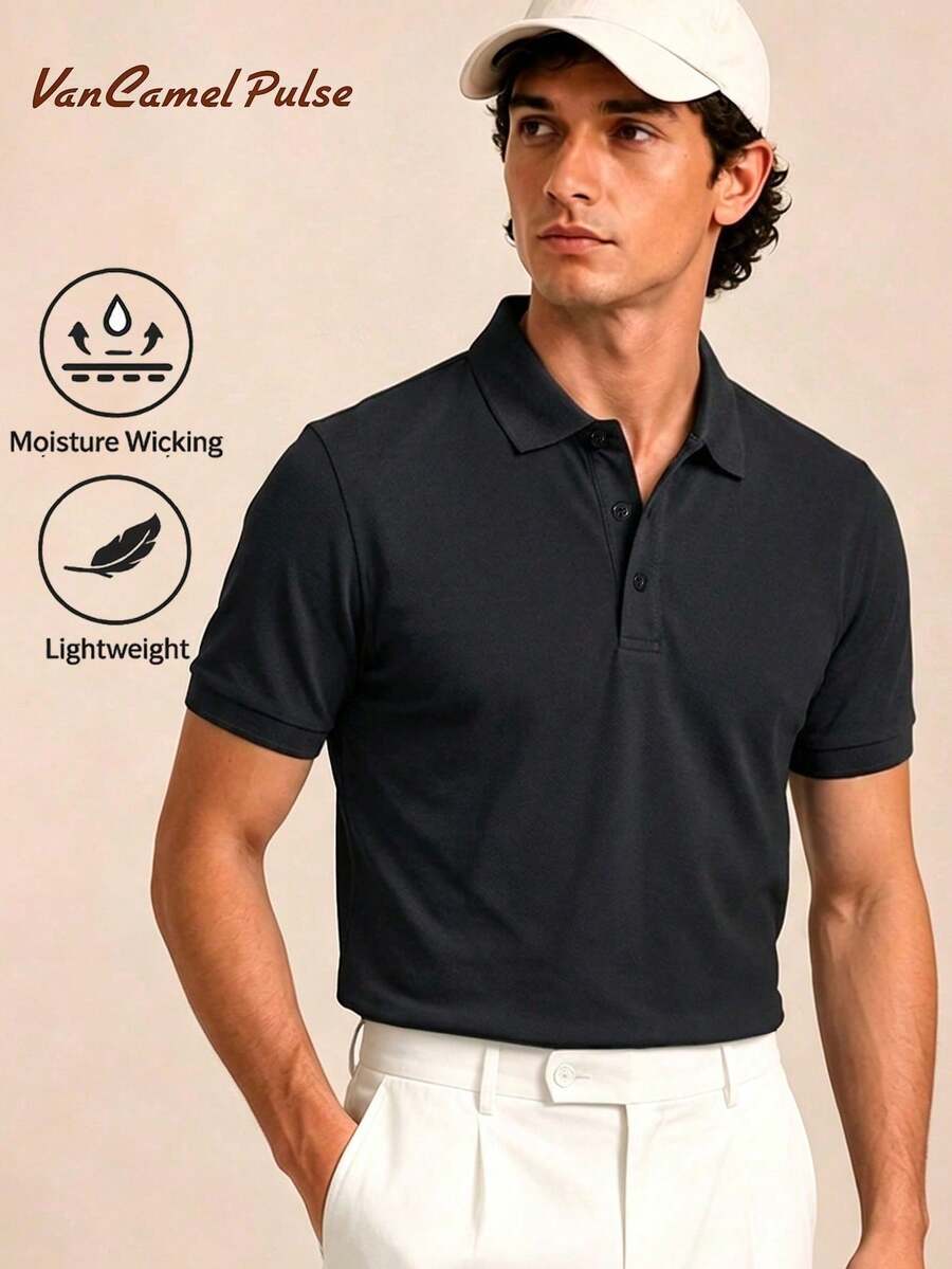 Vancamel Pulse Men's POLO Shirt, Fashionable Loose Breathable Solid Color Sports Short Sleeve, Simple Versatile Casual Style T-Shirt, Outdoor Commuting Light Business Short Sleeve - Black - View 1