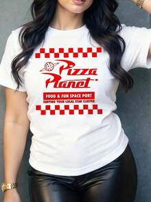 T-Shirt Women Casual Graphic Print Pizza Planet Print PAPA Letter Print - White - View 1