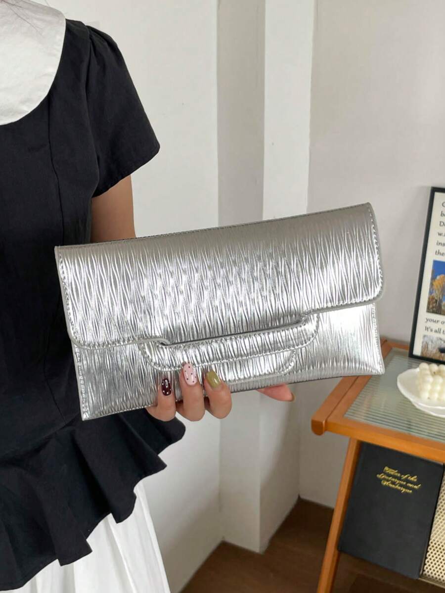 2026 New Fashion Minimalist Casual Women's Clutch, Solid Color Retro Envelope Bag, Coin Purse, Handbag - Bright silver - View 1