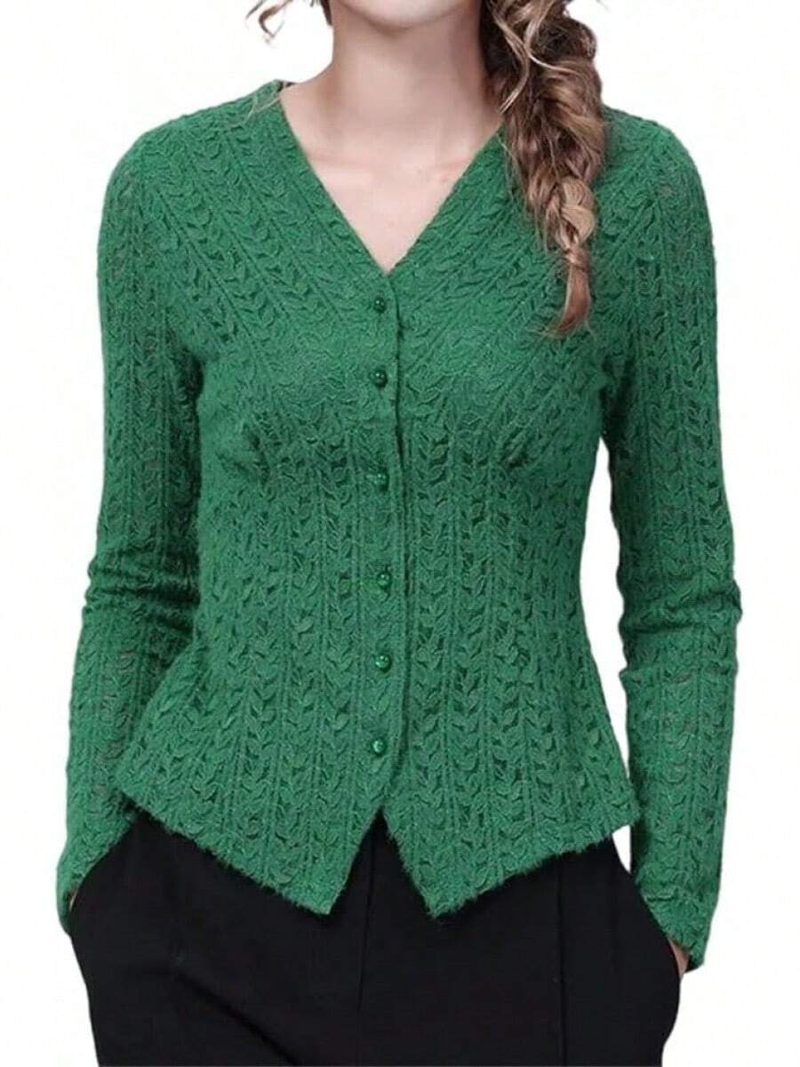 Blusas de manga larga con cuello en V para mujer, de encaje elástico, camisa de punto, entallada, estilo casual - En8 - Ver 1