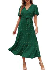 COLIZAMX Vestido Largo para Mujer de Verano con Cuello en V Vestido Elegante de Sólido Manga Corta - azul claro - Ver 1