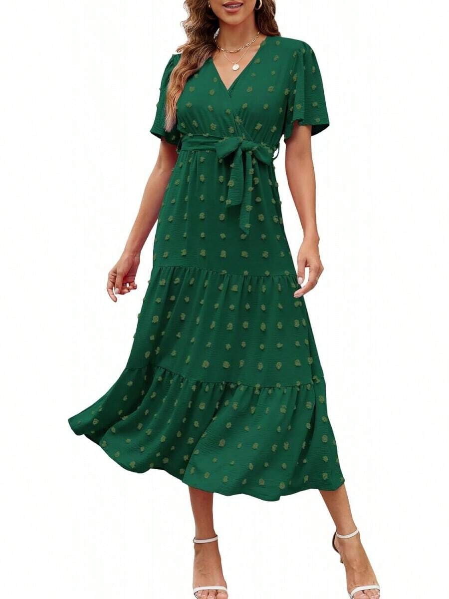 COLIZAMX Vestido Largo para Mujer de Verano con Cuello en V Vestido Elegante de Sólido Manga Corta - azul claro - Ver 1
