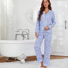 Conjunto de Pijama para Mujer con Cuello Recortado, Estampado Floral, Camisa con Botones y Pantalones Largos, Algodón, 2 Piezas, Ropa de Dormir - Amarillo - Ver 2