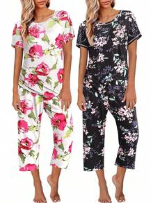 Conjunto de Pijama Capri para Mujer , Ropa de Dormir de Manga Corta, 2 Piezas, Cuello Redondo, Pijama Suave con Bolsillos - Flores marrones, negro - Ver 19