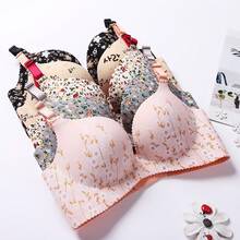 Sujetador sin aros de acero para mujer, tipo push-up, sin costuras, con estampado floral, ropa interior sexy. - Flor blanca - Ver 1