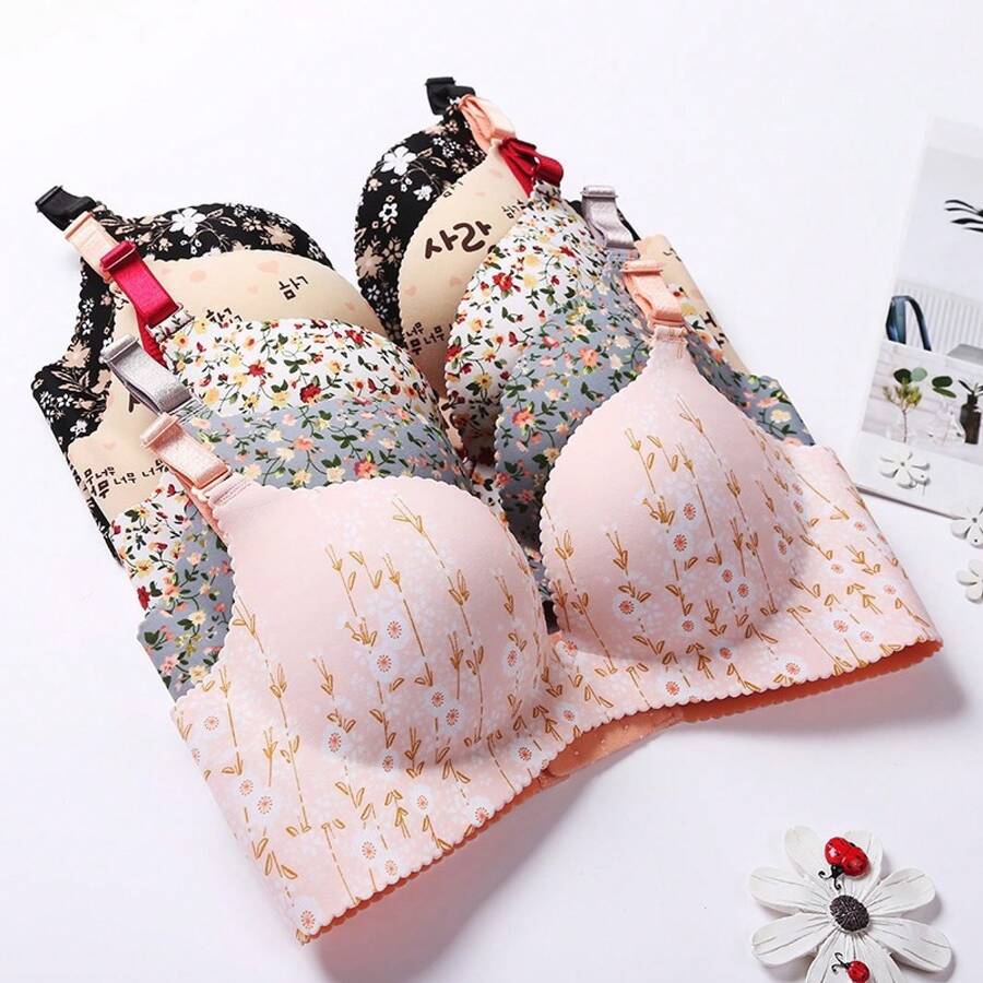 Sujetador sin aros de acero para mujer, tipo push-up, sin costuras, con estampado floral, ropa interior sexy. - Flor blanca - Ver 1