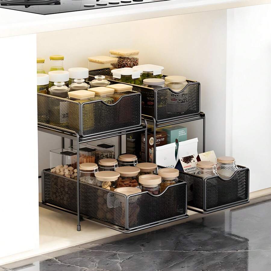 1pc Large Capacity Pull-Out Rust-Proof Coated Iron Storage Basket, Modern Pure Black Rectangular Mesh Wavy Handle 2-Tier Drawer Storage Rack, Suitable For Kitchen Cabinets, Storage Rooms, Bathroom Sink, All-Season Home Use