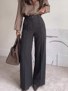 Women's Elegant High-Waist Wide-Leg Pants, Polyester Non-Stretch Long Trousers With Zipper, Button And Pockets, Fashionable Long Bottoms - Dark Grey - View 2