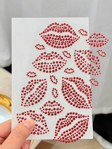 2pcs 3D Sexy Red Lip Rhinestone Face Stickers, Shiny Crystal Kiss Lip Face Jewels Gems, Temporary Face Rhinestone Stickers, For Makeup, Eyes, Hair, Body Decoration - Red - View 3
