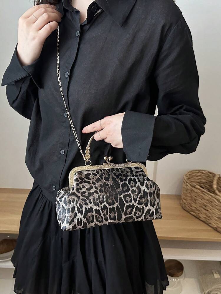 Leopard Print Fashion Clasp Women's Handbag, Elegant Tote Bag For Party And Shopping, Random Pattern Placement - Black - View 4