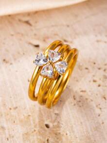 3 piezas Anillos de acero inoxidable con strass en forma de corazón 3 en 1 desmontables y personalizados, 3 piezas Anillos apilables de trébol de cuatro hojas de la suerte de lujo francés para mujer - Dorado - Ver 2