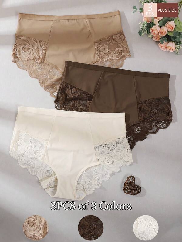 3 pièces Culottes grande taille pour femmes, tons terre, motif de dentelle exquis et sexy, patchwork semi-transparent, coupe confortable, douce et respirante, sous-vêtements pour femmes
