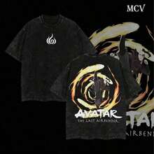 Toph Beifong The Last Airbender Double-Print Washed T-Shirt, Unisex, Plus Size, Lightweight Acid-Washed Cotton, Gift For Anime Fans, Suitable For Fans SD0081 - 黑色 - 查看 1