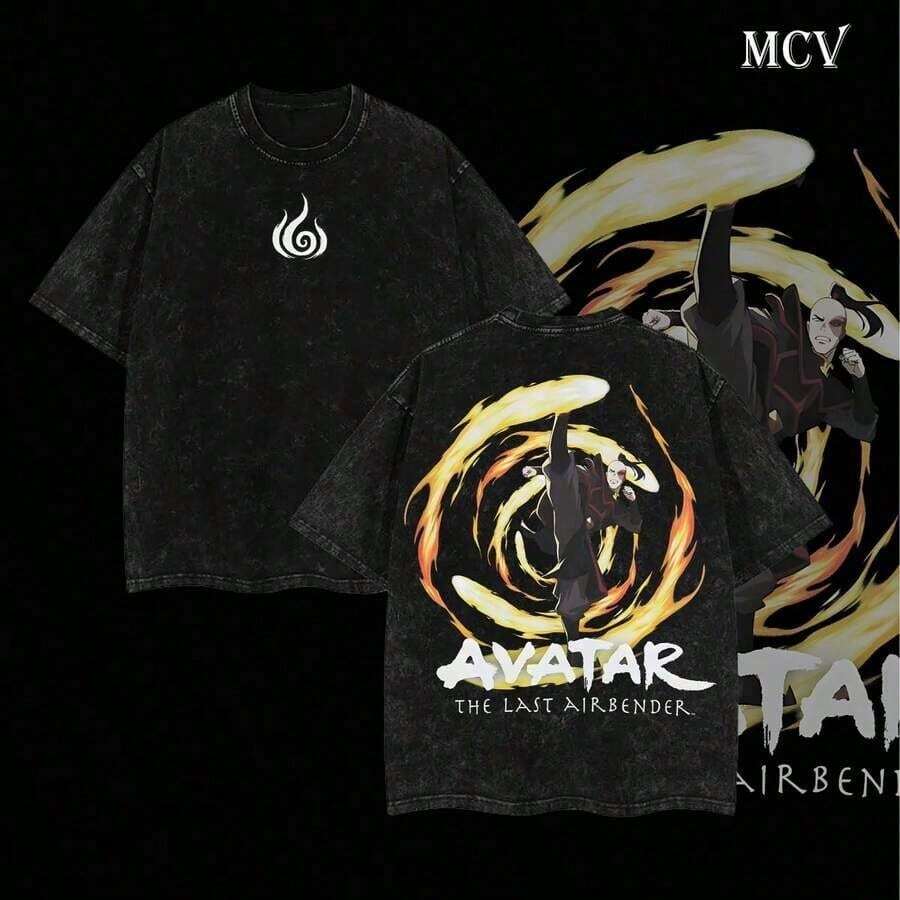 Toph Beifong The Last Airbender Double-Print Washed T-Shirt, Unisex, Plus Size, Lightweight Acid-Washed Cotton, Gift For Anime Fans, Suitable For Fans SD0081 - 黑色 - 查看 1