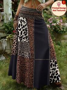 Plus Size Women's Leopard Print Digital A-Line Skirt, Bohemian Style Knit Fabric, Suitable For Casual Daily Wear Vacation Summer - Black and Brown - View 3