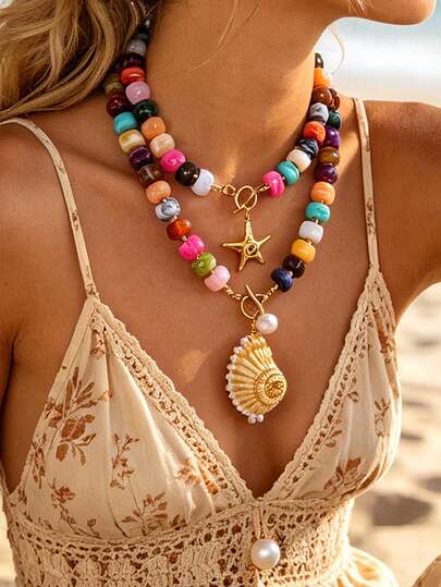 1 pieza Collar de estilo bohemio oceánico Y2K, creativo, elegante, exquisito, lujoso, minimalista, dulce y con personalidad, de acero de titanio con estrella de mar/concha, cuentas de colores y cierre OT, para mujeres, hermanas, parejas, regalo de joyería para graduación/prom, adecuado para uso diario, citas, fiestas, vacaciones de verano en la playa (color de las cuentas aleatorio)