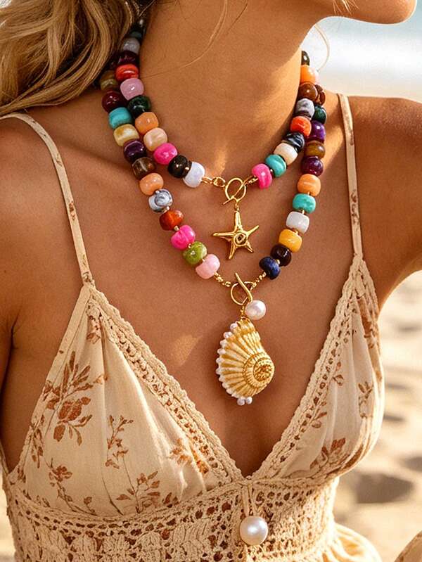 1 pieza Collar de estilo bohemio oceánico Y2K, creativo, elegante, exquisito, lujoso, minimalista, dulce y con personalidad, de acero de titanio con estrella de mar/concha, cuentas de colores y cierre OT, para mujeres, hermanas, parejas, regalo de joyería para graduación/prom, adecuado para uso diario, citas, fiestas, vacaciones de verano en la playa (color de las cuentas aleatorio)
