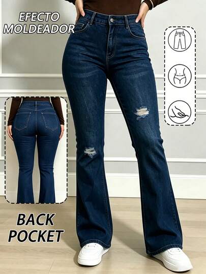 Pantalon De Mezclilla Dam,Jeans acampanados de talle alto estilo, elásticos y elegantes,de mezclilla lavada en azul medio,pantalones de moda callejera casual