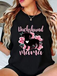 Para Tallas Grandes - Camiseta Casual de Manga Corta con Silueta Floral de Corazón de Dachshund - Negro - Ver 2
