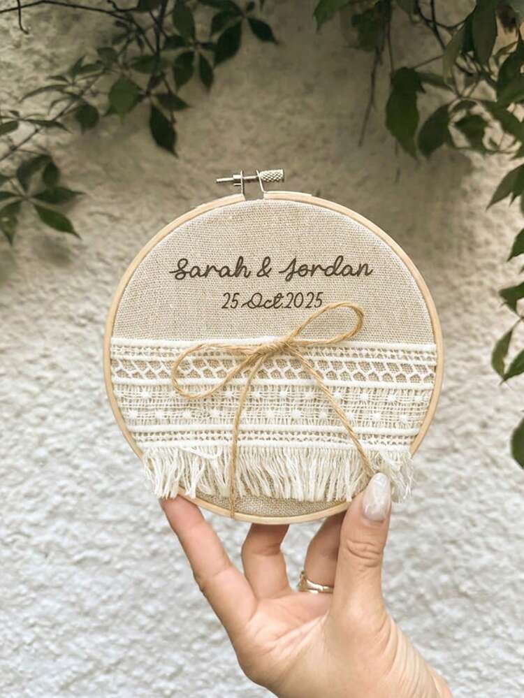 Takeoak Customized Couple Name & Date Fabric Floral Lace Ring Pillow, Personalized Rustic Wedding Ring Holder With Tassel Bow, Bohemian Farmhouse Style Bride Ring Cushion, Vintage Lace Wedding Ceremony Decor, Engagement Bridal Party Keepsake Gift F - Multicolor - View 11