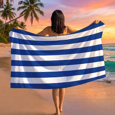 1pc Blue Striped Print Beach Towel, Suitable For Summer Travel, Outdoor Camping, Beach, Swimming, Beach Vacation