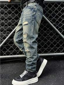 Herren Jeans Y2K Vintage Acid Wash Multi Ausgefranst Zerrissen Baggy Gerade Denim Hose Oversized Locker Skater Streetwear Lange Hose - Mittele Waschung - Übersicht 4