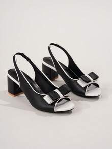 Women's Peep Toe Bowknot Backstrap Block Heel Sandals, Chunky Heels, Versatile For Elegant Dresses, Suitable For Vacation, Commuting, Shopping - Black and White - View 11