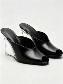 Black Matte Leather Peep-Toe Mule Transparent Crystal Wedge High Heel Sandals - Black - View 4