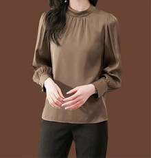 Blusa formal de manga larga para mujer, con cuello falso, plisada, manga abullonada, para negocios - Azul - Ver 2