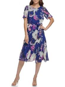 DKNY Vestido Midi de Gasa con Mangas y Falda Godet Vestido para Mujer - Equipaje - Ver 1