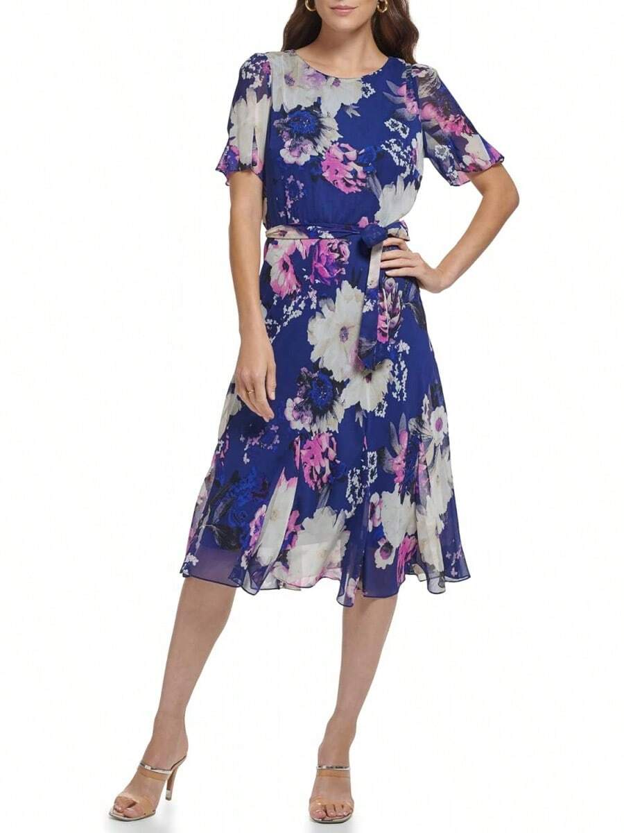 DKNY Vestido Midi de Gasa con Mangas y Falda Godet Vestido para Mujer - Equipaje - Ver 1