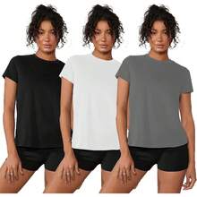 Paquete de 3 Playeras para Mujer, Camisetas de Cuello Redondo Clásico, Corte Holgado, 200g, Lavable a Máquina, No se Decolora ni Encoge - Negro+Blanco+Gris - Ver 1