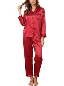 GAESHOW Conjunto de Pijamas de Mujer con Manga Larga de Satén Top Botones y Pantalones Pijama de Seda Ropa de Dormir - Rojo Vino Oscuro - Ver 15