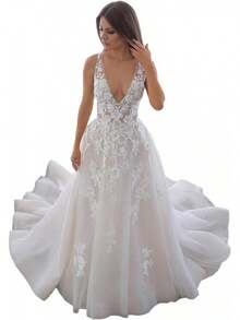 Tsbridal Vestidos de novia para mujer, línea A, cuello en V, encaje de tul sin espalda, vestido de novia bohemio - Estilo 6-Champán - Ver 13