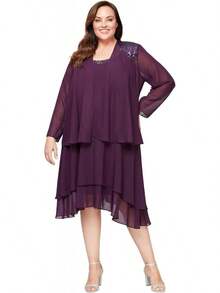 S.L. Fashions Vestido de Chaqueta escalonada Adornado de Talla Grande para Mujer - Higo - Ver 10