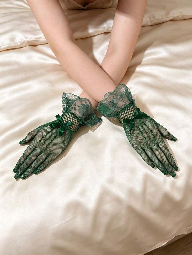 1 Pair Green Lace Gloves, Suitable For Party, Wedding, Opera, Afternoon Tea Gathering And Other Occasions, Also Suitable For Summer Beach. Women's Lace Gloves, Versatile For Daily Wear, Wedding Bride Accessory - Green - View 2