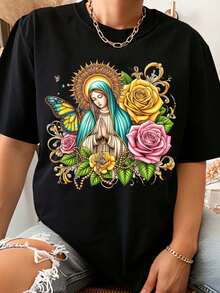Camiseta de mujer con estilo artístico religioso, que presenta a la Virgen María, rosas y mariposas, es un regalo casual de verano perfecto para entusiastas religiosos. - Negro - Ver 1