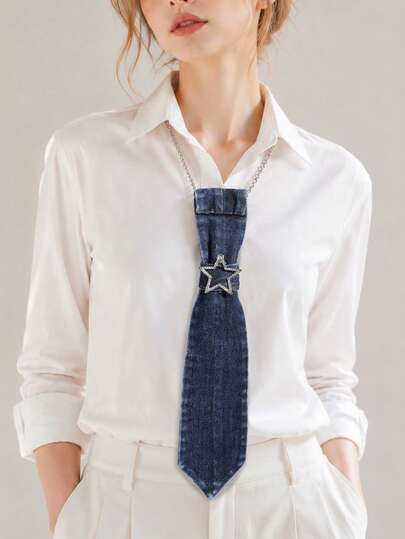 1 stuk damesmode glanzende strass effen kleur sterdecoratie esthetische punkstijl imitatie denim handgeknoopte stropdas, geschikt voor casual straatfeest, dagelijks feest, shirt, date matching