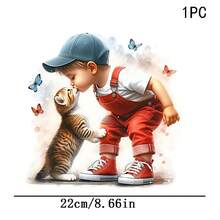 1/2/3PCS Cute Young Boy And Cat Design Pattern Heat Transfer, Vinyl Print, Heat Transfer Sticker, Iron-On Transfer Iron-On Sticker Decal - Iron-On Suitable For Throw Pillows, DIY, Backpacks, T-Shirts, Canvas Bags, Sweatshirts, Jeans, T-Shirts, Clothing, Sewing Supplies - Multicolor - View 3