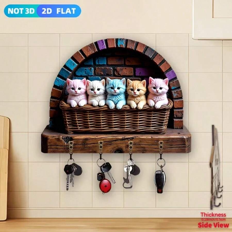 1pc 5 Cats Theme Wooden Key Holder Wall Mount Multi-Functional Home Key Rack With 4 Hooks Entryway Porch Room Organization Wall Decor Housewarming Gift Decorative Storage Solution For Modern Living Spaces - Multicolor - View 1