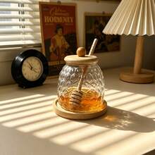 Clear Honeycomb Glass Honey Jar With Wooden Honey Stick & Bamboo Base Airtight Honey Storage Pot Decorative Honey Container For Home Coffee Shop Breakfast Table Decor - Multicolor - View 7