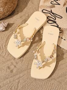 OXLL Women's Summer Flip Flops With Handmade Resin Starfish, Shell And Rhinestone Chain, Bohemian Soft Sole Beach Sandals - Champagne - View 3