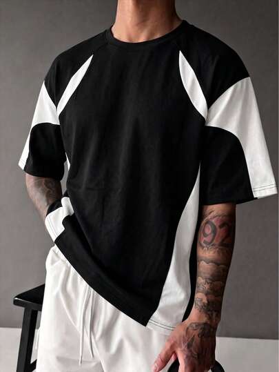 ZYNTH BALENO Camiseta de manga corta con cuello redondo y mangas raglán holgadas con bloques de color, moda de verano para hombres, adecuada para gimnasio y deportes al aire libre