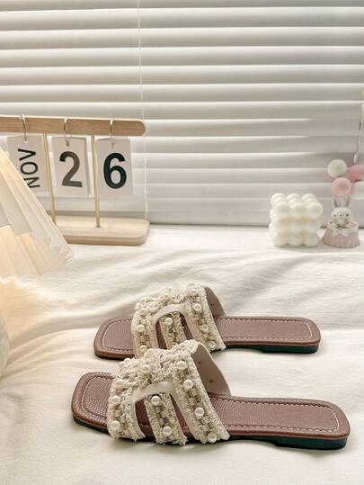 Sandalias planas de mujer en tonos neutros para playa, estilo minimalista cómodo, adecuadas para vacaciones, playa, uso diario en casa, zapatillas de verano blancas tejidas con punta abierta
