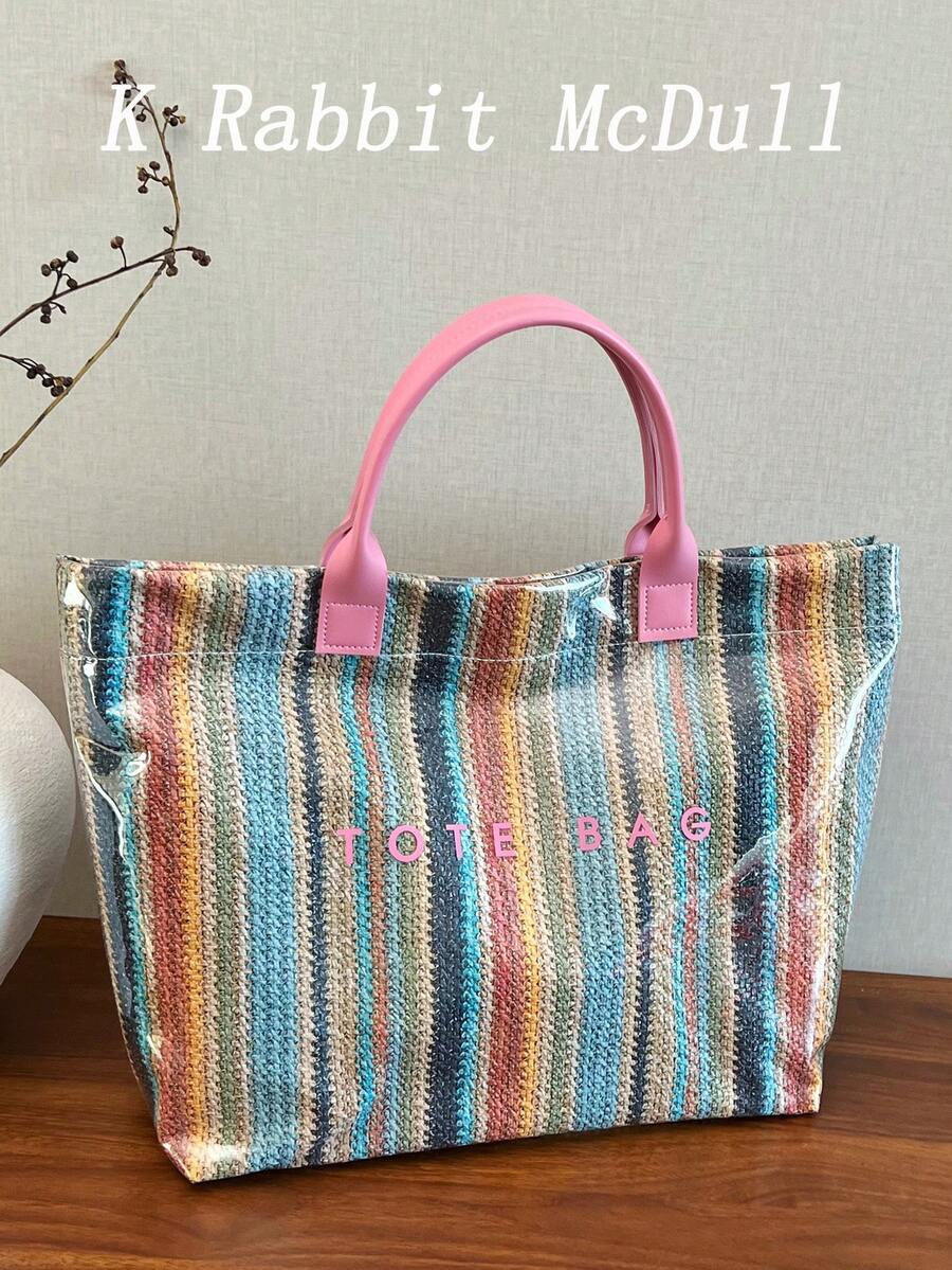 Large Capacity Letter Decor PVC Waterproof Woven Straw Tote Bag, Multi-Functional Commute Casual Vacation Woven Straw Handbag SuitableForBeachVacation