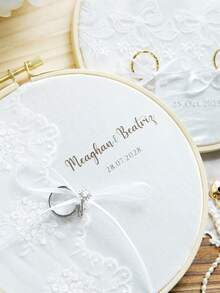 Takeoak 1pc Customized Lace Wedding Ring Pillow, Personalized Ring Holder With Name And Date Engraving, Pearl Bowknot, Rustic Elegant Round Ring Cushion, Multi-Layer Ring Display, Romantic Bridal Ceremony Decor, Engagement Anniversary Gift, Wedding Accessory - Multicolor - View 8