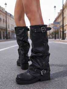 Black Pleated Mid-Calf Boots With Zipper, Thick Sole, Fashion Women's Boots, European & American Style, Autumn/Winter - Black - View 3
